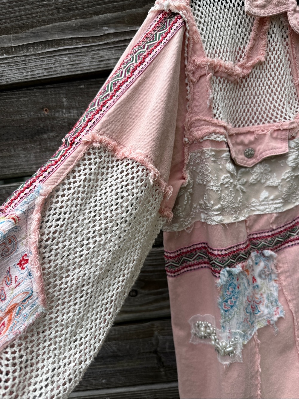 POL Womens Large Pink Patchwork Lace Shacket Jacket Raw Hem Distressed Boho Mesh - Picture 4 of 10